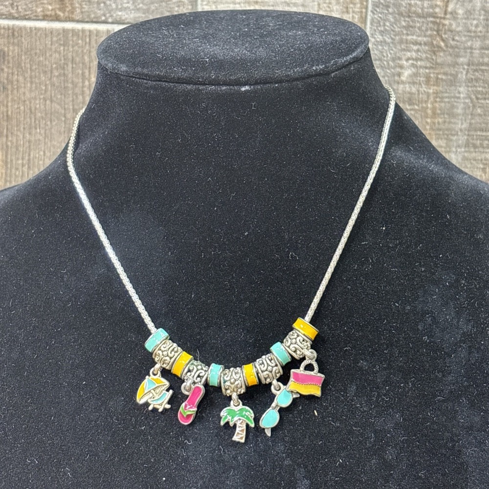 Vintage Cookie Lee Beach Theme Slider Charm Necklace Silver Tone